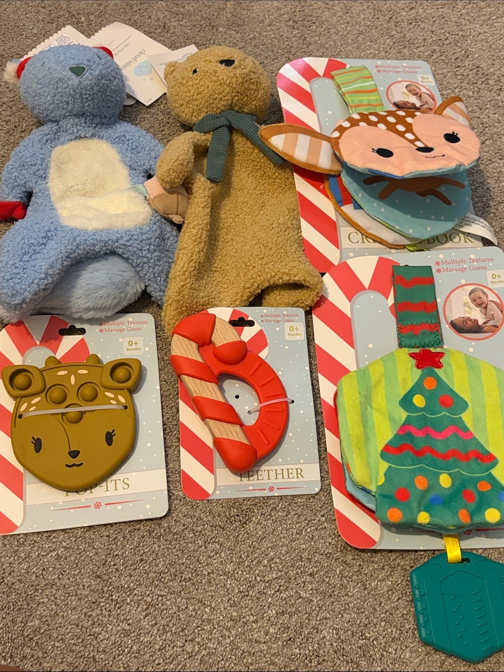 Assorted Kids Plush Toys & Teethers - Blue, Tan, Red, Green